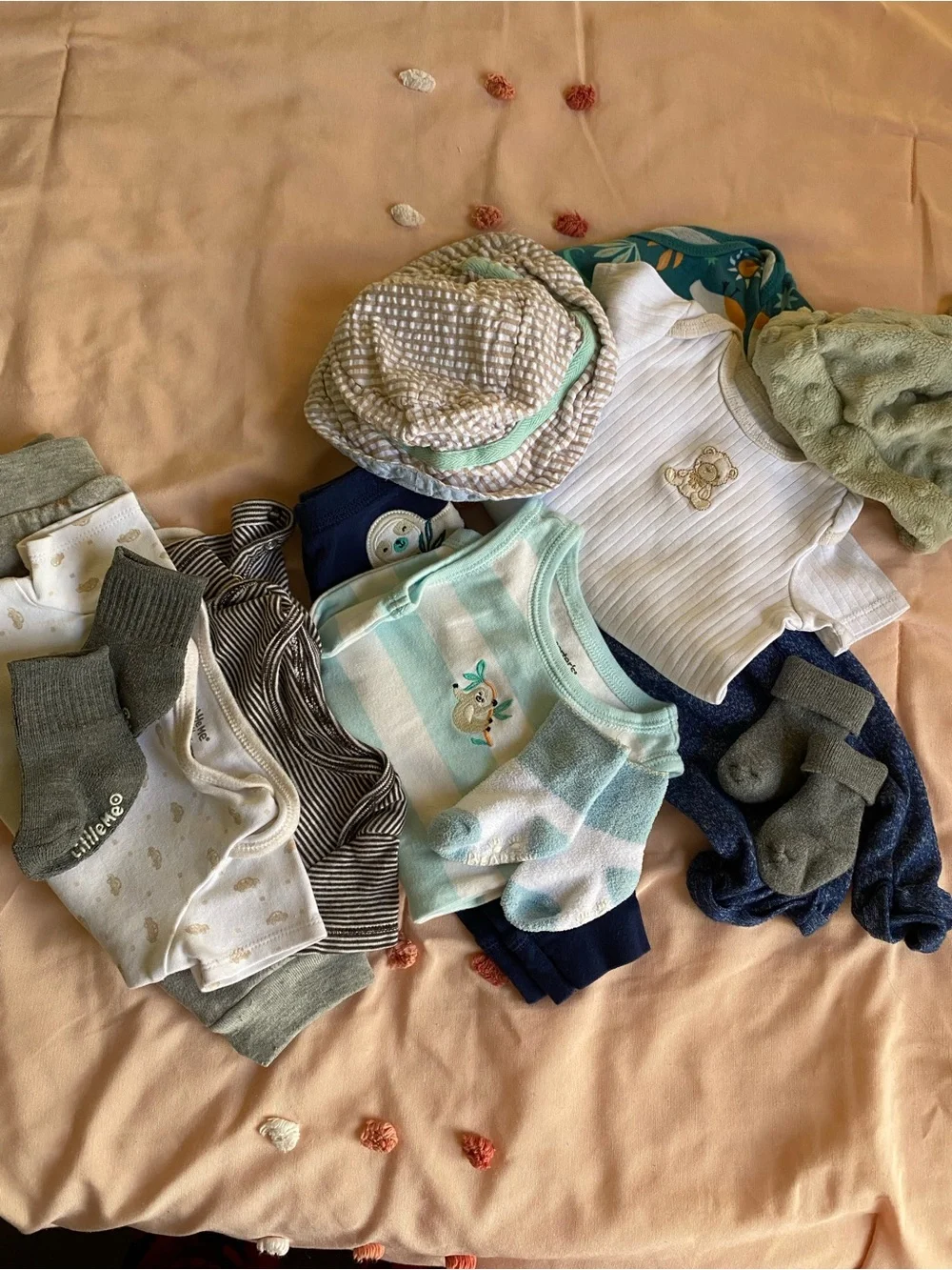 Little Me Cream Ribbed Baby Onesie with Gold Teddy Embroidery